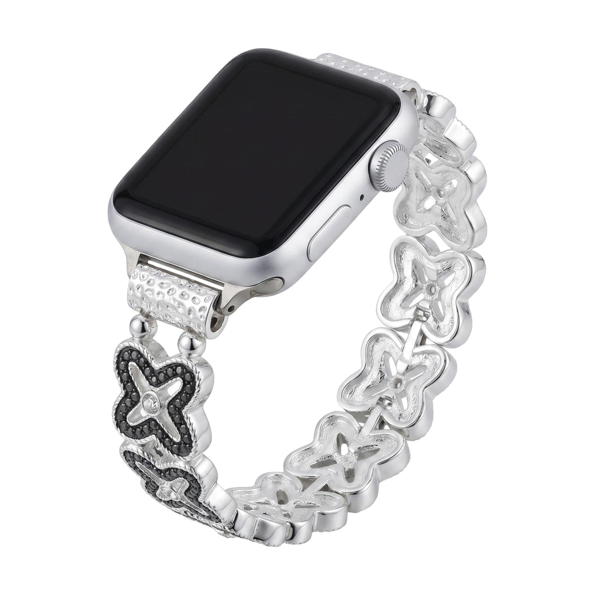 Apple Watch Armband mit durchbrochenem Blumenmuster, Strasssteinen und zweifarbiger Ausführung, Modell Harpie
