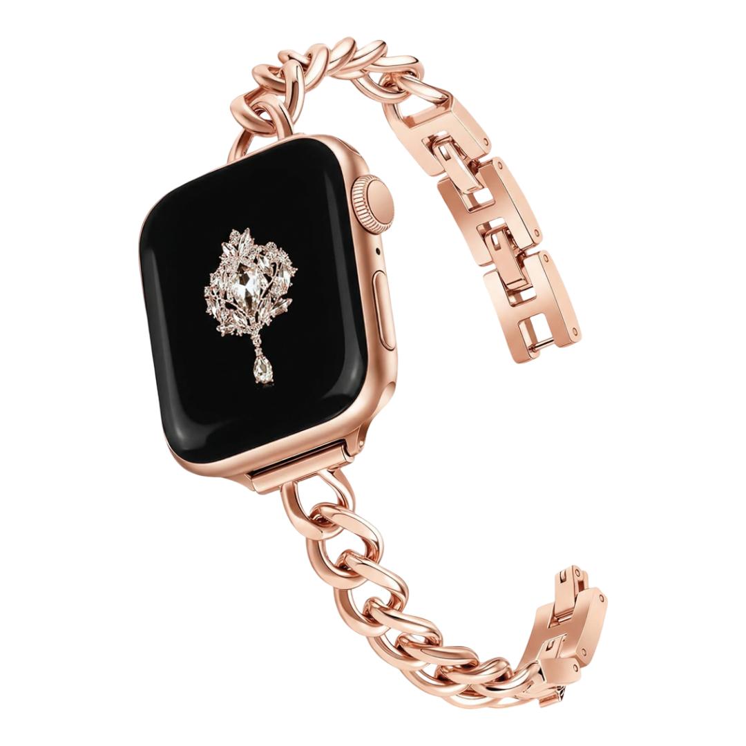 Pulseira para Apple Watch, malha cubana em liga polida, ajustável com fecho de encaixe, para senhora, modelo Kinesse