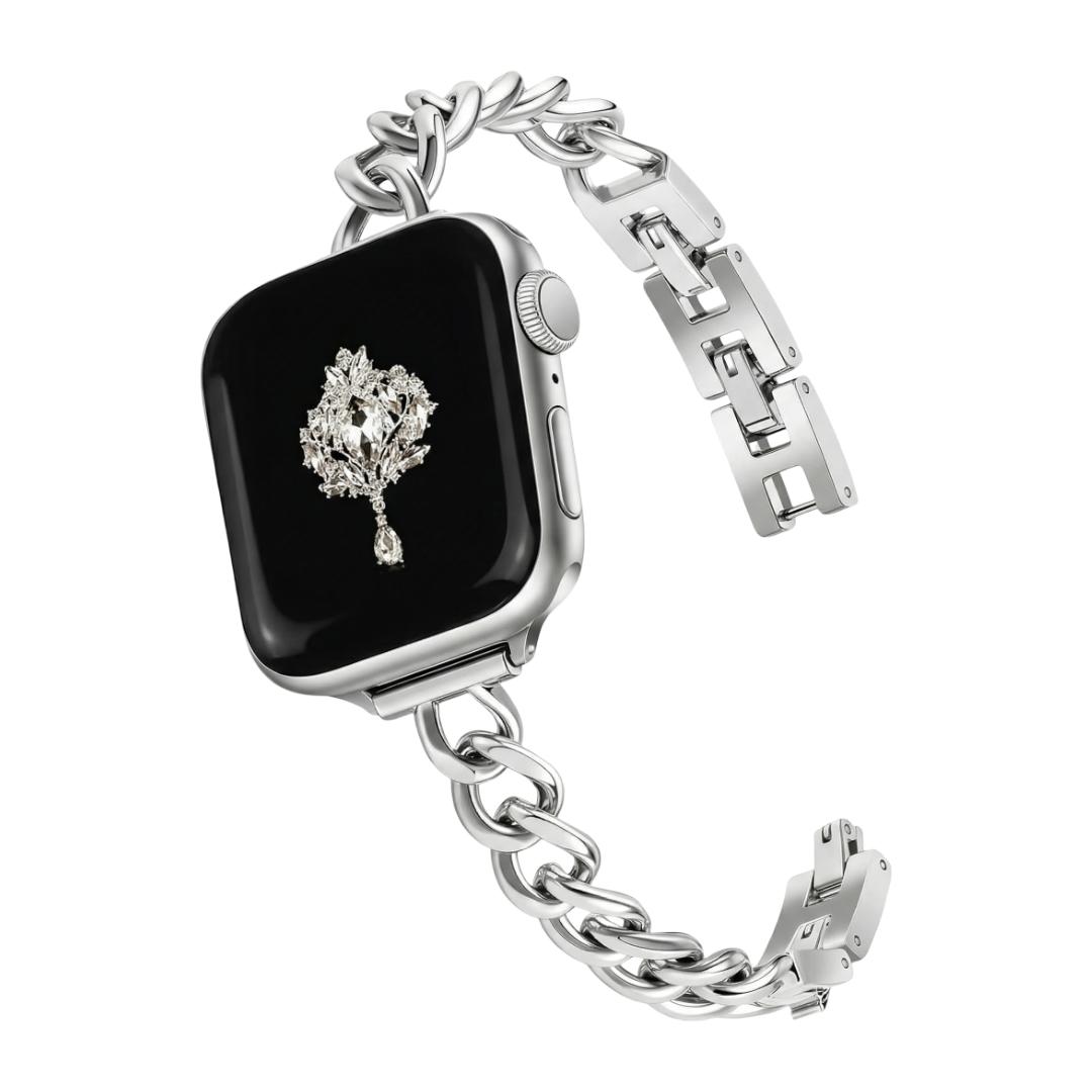 Pulseira para Apple Watch, malha cubana em liga polida, ajustável com fecho de encaixe, para senhora, modelo Kinesse