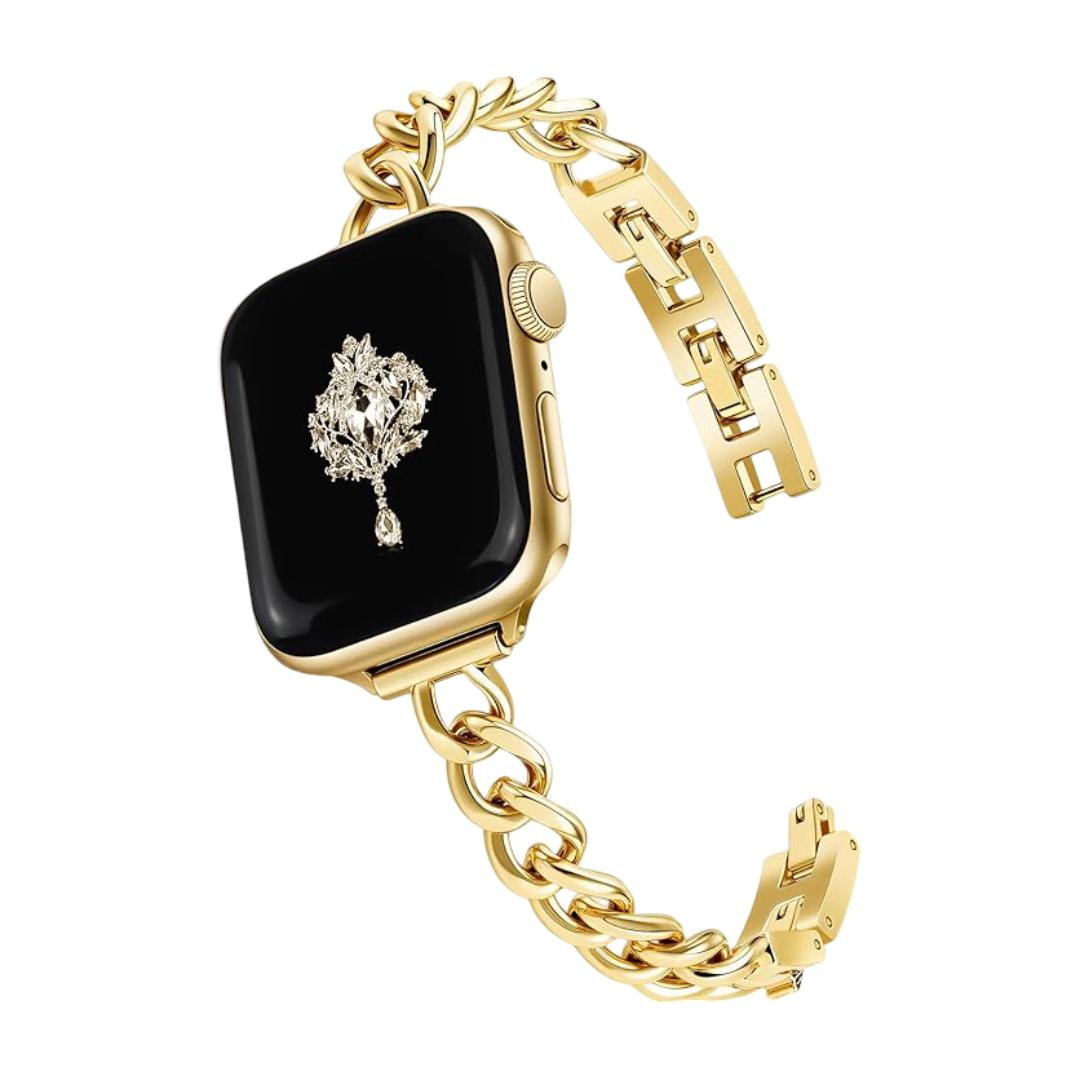 Pulseira para Apple Watch, malha cubana em liga polida, ajustável com fecho de encaixe, para senhora, modelo Kinesse