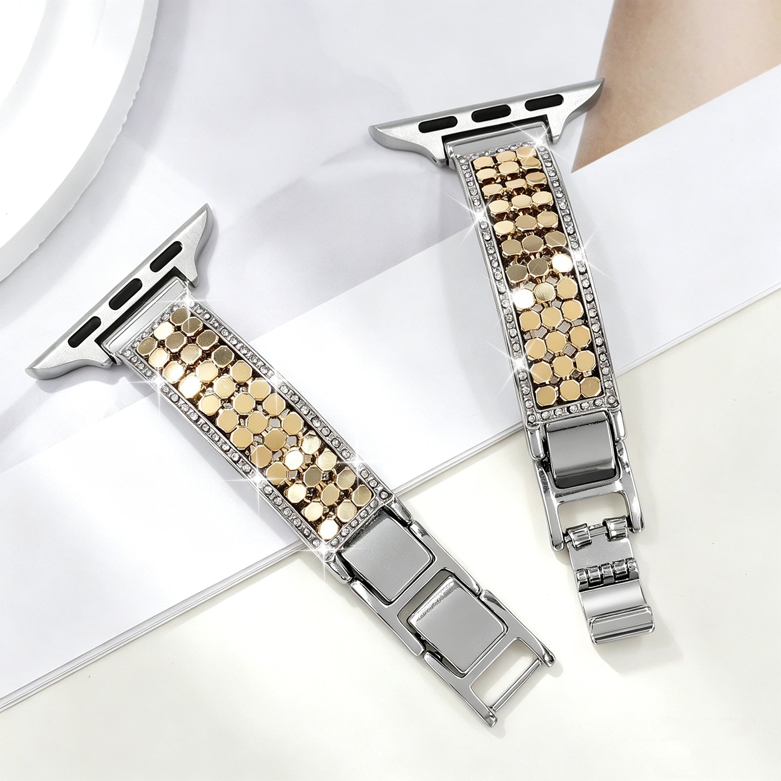 Apple Watch Bracelet for Women, Hexagonal Mesh in Metal Alloy, Shiny Details, Adjustable Clasp, Simia Model