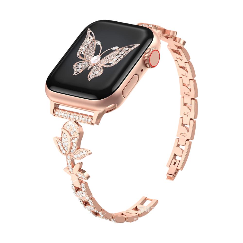 Bracelet Apple Watch motif rose pavé de zircons, maillons ajustables, modèle Billia