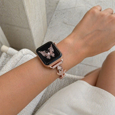 Bracelet Apple Watch motif rose pavé de zircons, maillons ajustables, modèle Billia