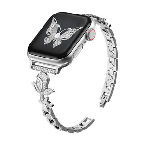 Bracelet Apple Watch pour femme, motif floral élégant, maillons ajustables à clipser, finition métallique brillante, accessoire de poignet raffiné, modèle Billia