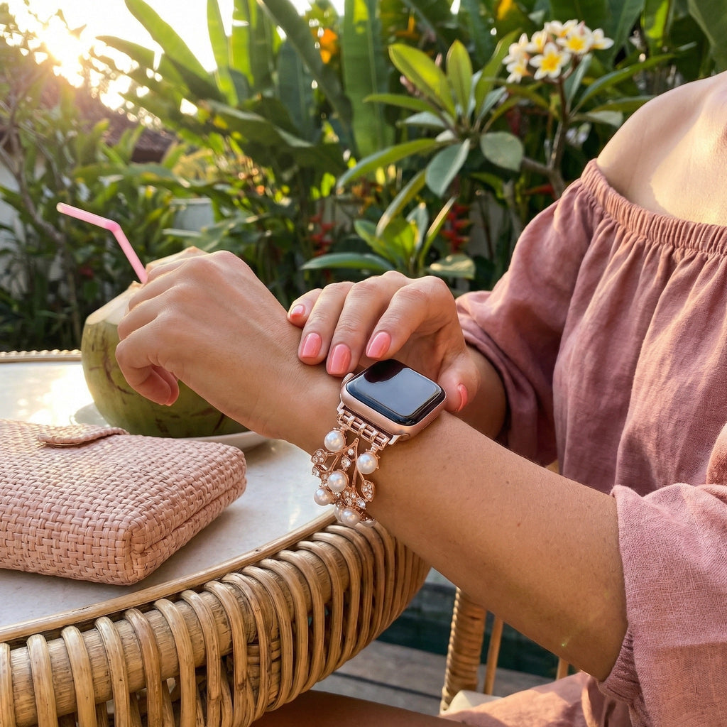 Apple Watch Bracelet for Women, Elastic Metal Alloy Set with Pearl Beads and Sparkling Rhinestones, Elegant Wrist Accessory, Térikale Model