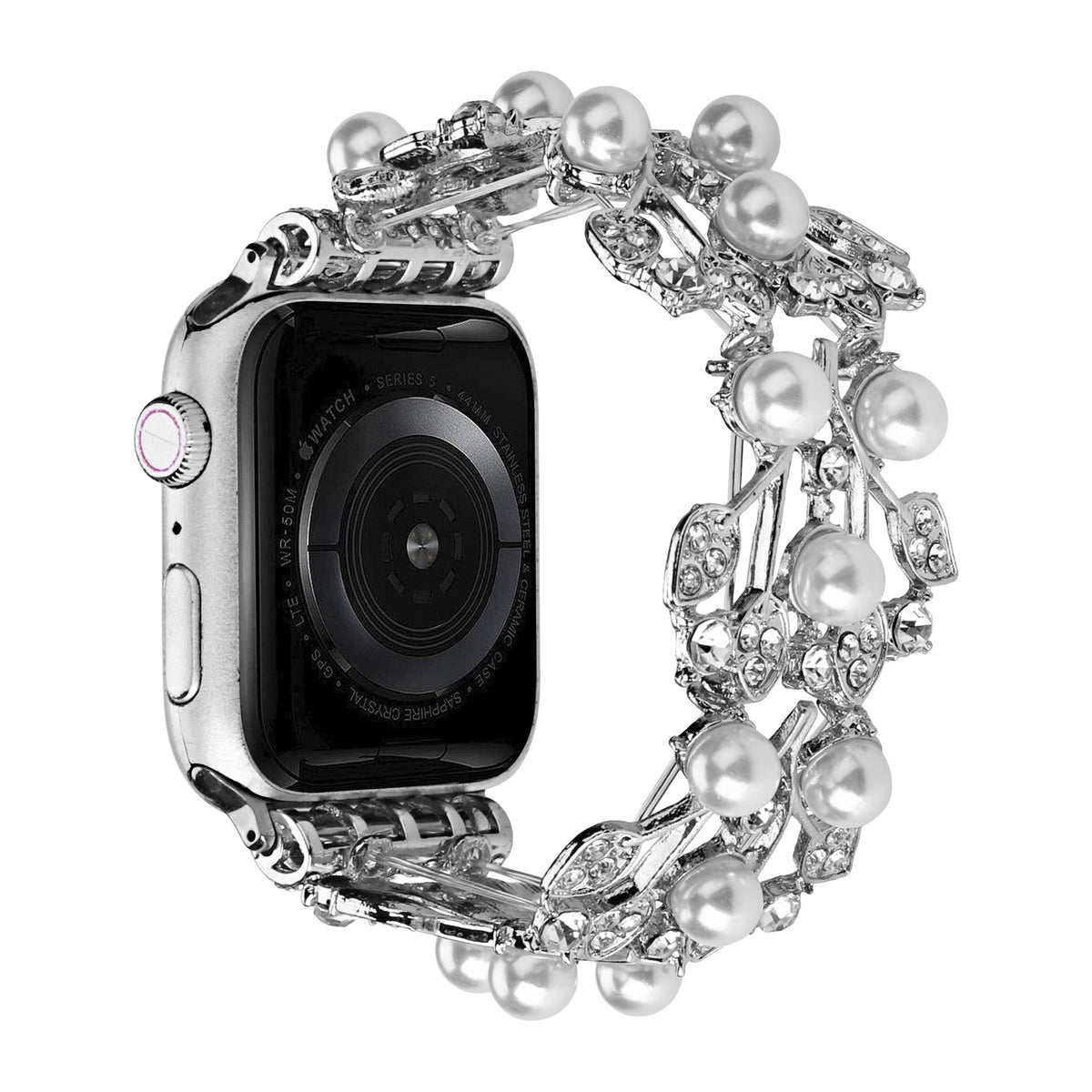 Apple Watch Bracelet with Leaf Pattern, Beads and Rhinestones, Elastic, Terikale Model
