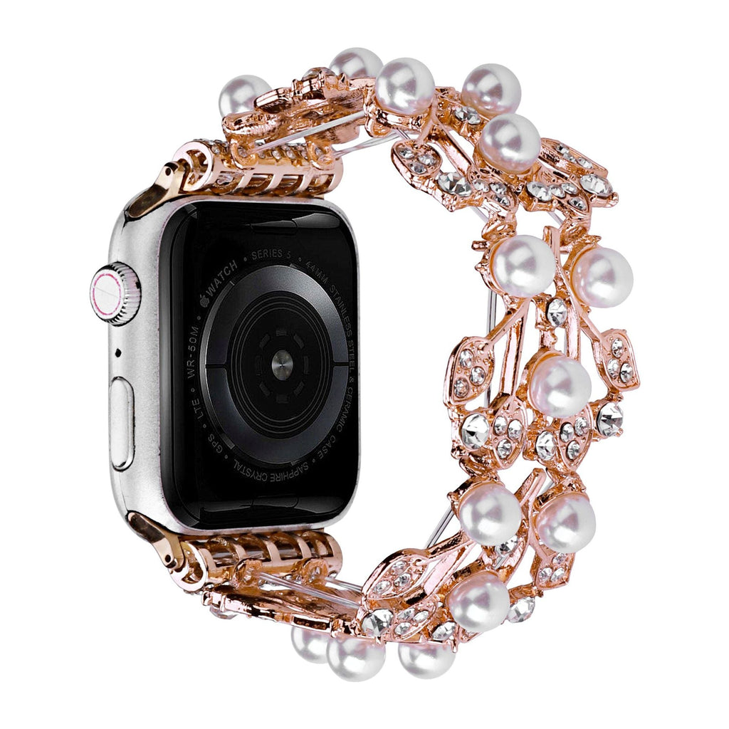 Apple Watch Bracelet for Women, Elastic Metal Alloy Set with Pearl Beads and Sparkling Rhinestones, Elegant Wrist Accessory, Térikale Model