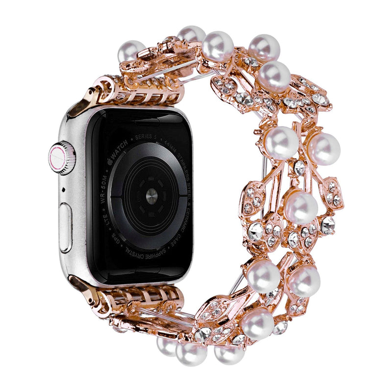 Apple Watch Bracelet for Women, Elastic Metal Alloy Set with Pearl Beads and Sparkling Rhinestones, Elegant Wrist Accessory, Térikale Model