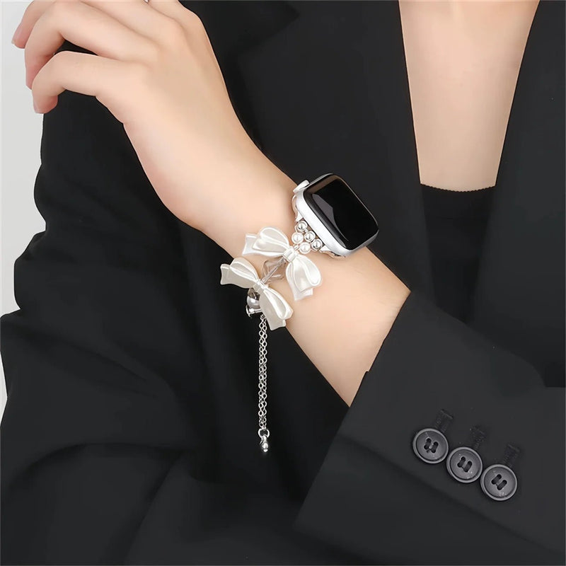 Bracelet Apple Watch, pour femme, perles et ruban métallique style satin, modèle Izuta - La Boutique du Bracelet