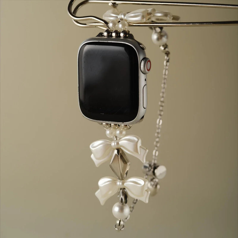 Bracelet Apple Watch, pour femme, perles et ruban métallique style satin, modèle Izuta - La Boutique du Bracelet