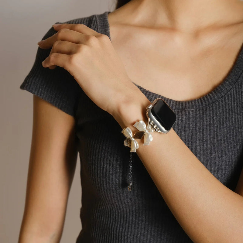 Bracelet Apple Watch, pour femme, perles et ruban métallique style satin, modèle Izuta