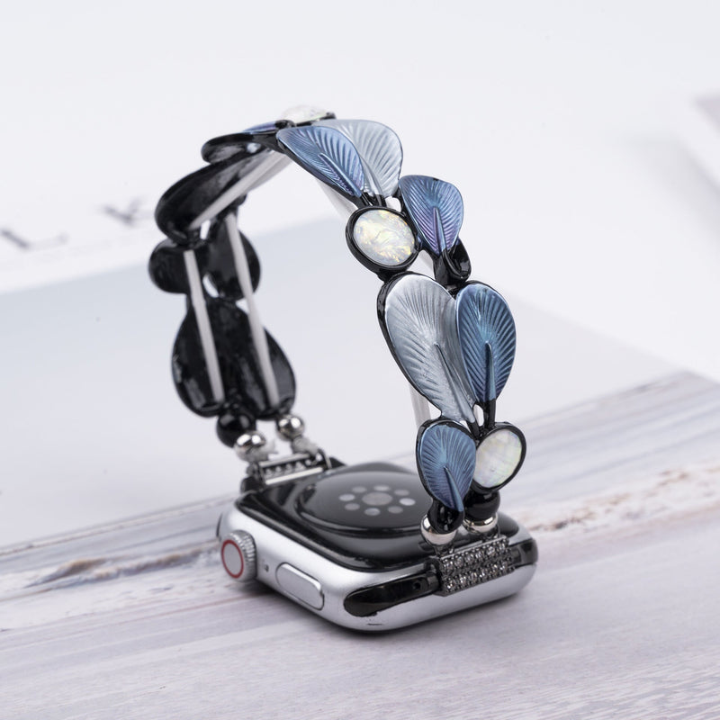 Bracelet Apple Watch, pour femme, plumes harmonieuses, modèle Paonie - La Boutique du Bracelet