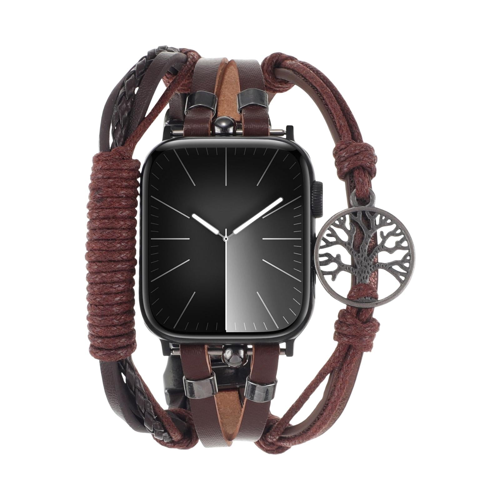 Bracelet Apple Watch pour homme, cuir multi-rang, fermoir à clipser, charme arbre de vie, modèle Noctare