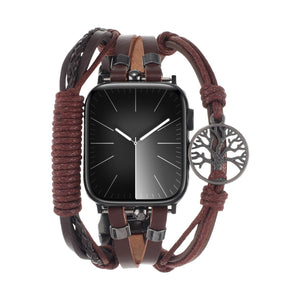 Bracelet Apple Watch pour homme, cuir multi-rang, fermoir à clipser, charme arbre de vie, modèle Noctare