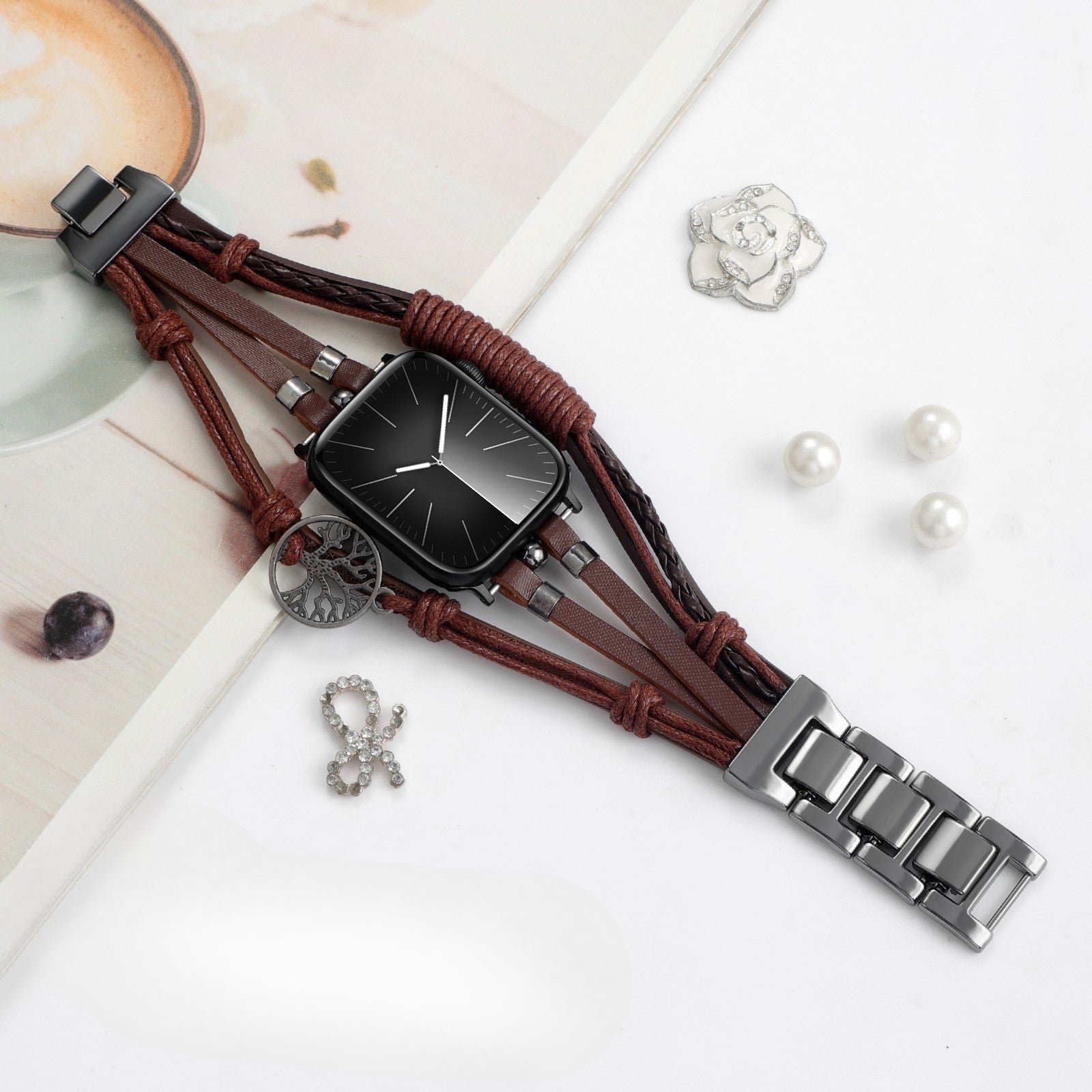 Bracelet Apple Watch pour homme, cuir multi-rang, fermoir à clipser, charme arbre de vie, modèle Noctare