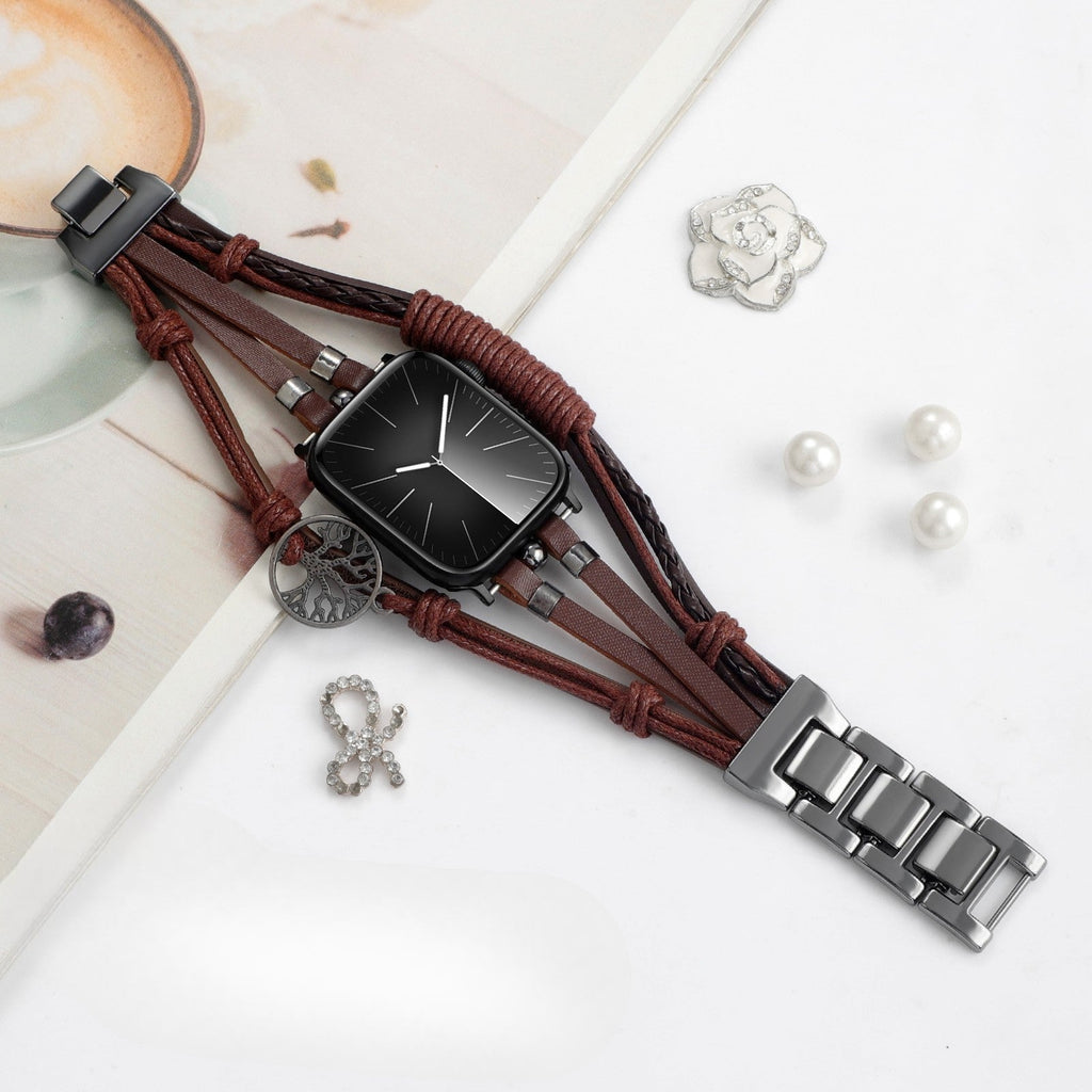 Bracelet Apple Watch pour homme, cuir multi-rang, fermoir à clipser, charme arbre de vie, modèle Noctare