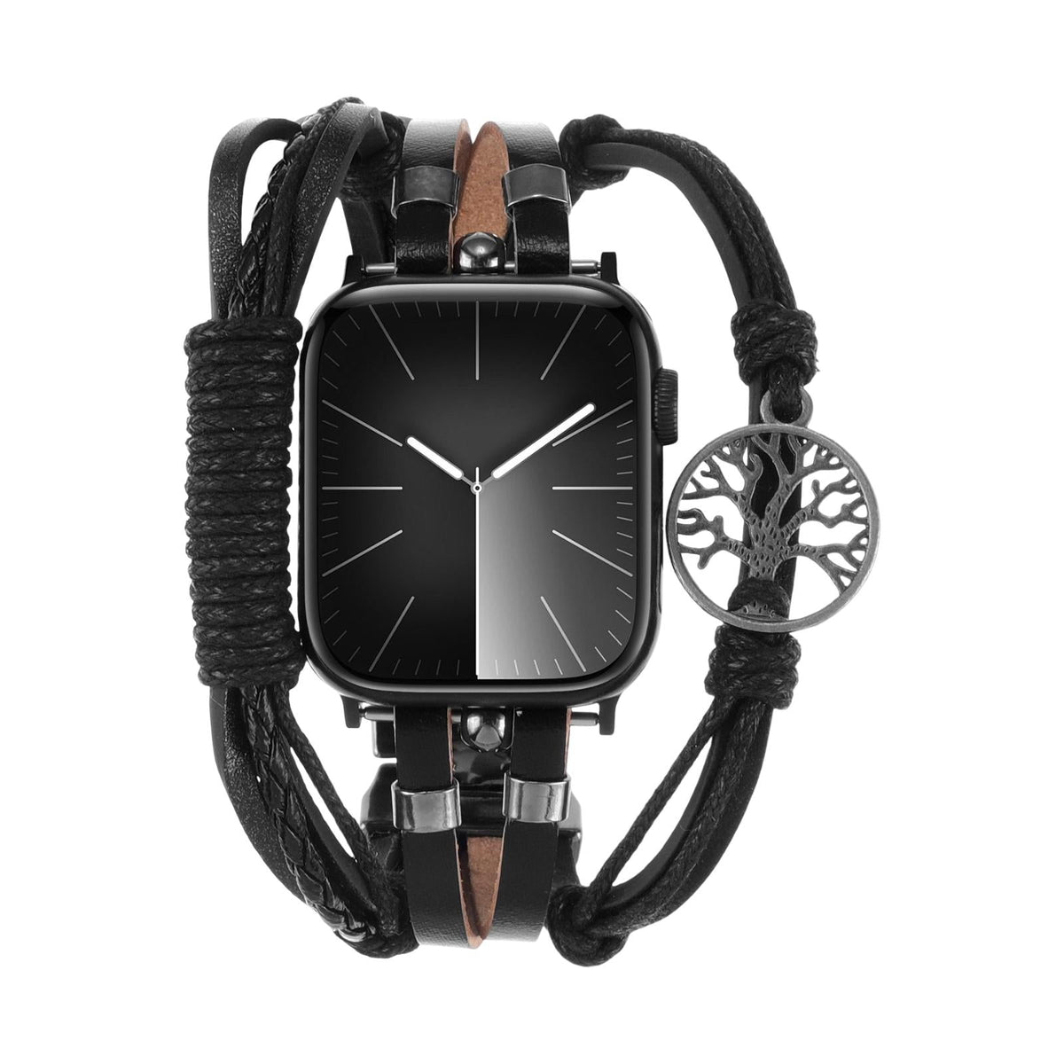 Apple Watch Bracelet for Men, Multi-Strand Leather, Clasp Fastening, Tree of Life Charm, Noctare Model