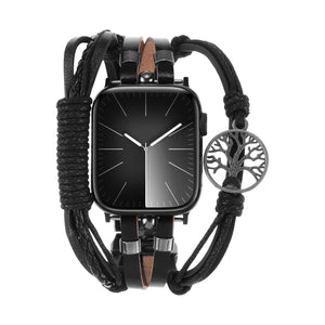 Bracelet Apple Watch pour homme, cuir multi-rang, fermoir à clipser, charme arbre de vie, modèle Noctare
