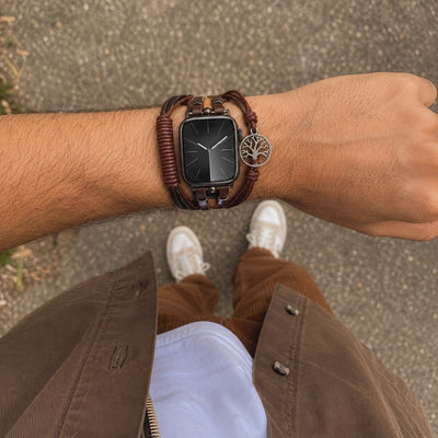 Apple Watch Bracelet for Men, Multi-Strand Leather, Clasp Fastening, Tree of Life Charm, Noctare Model