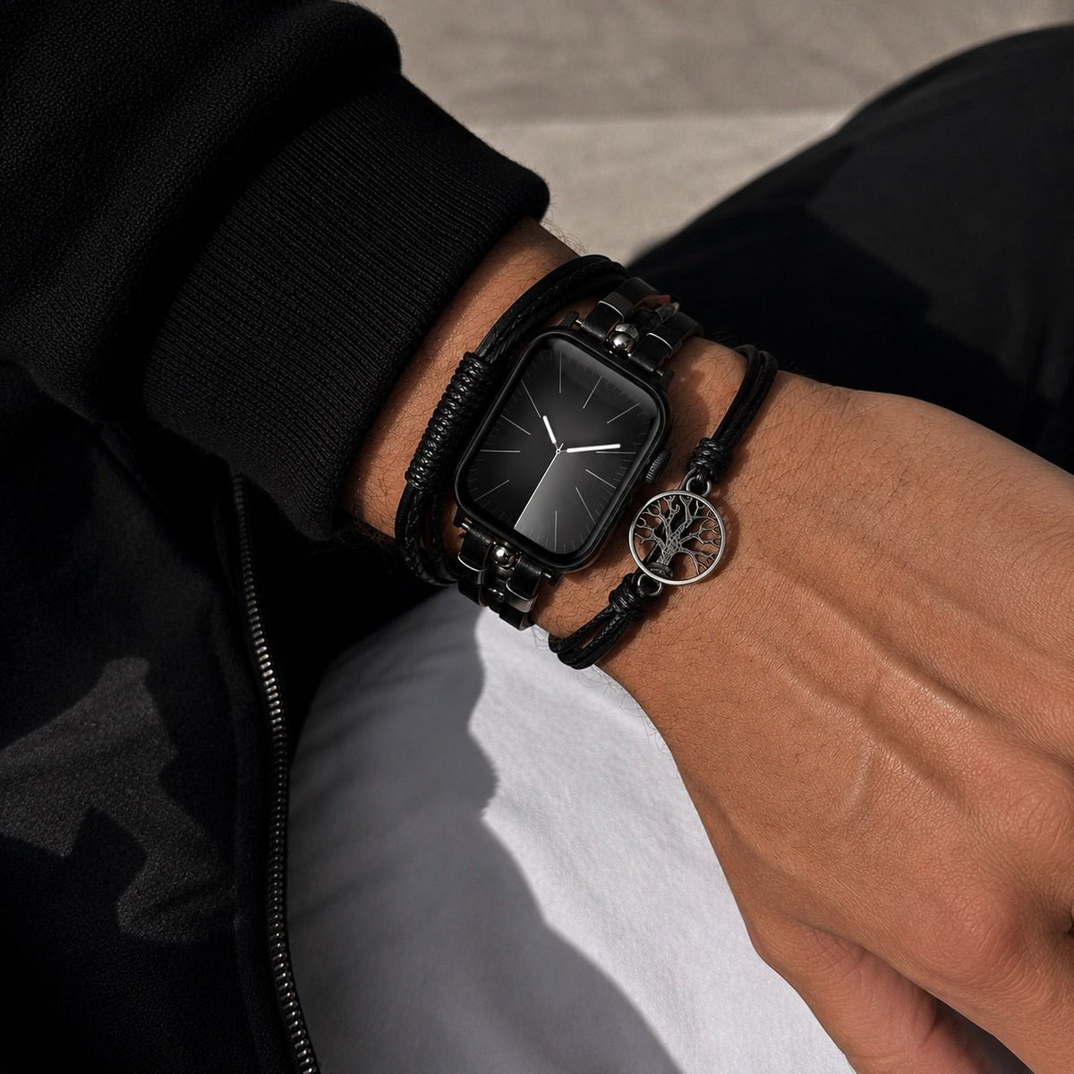 Apple Watch Bracelet for Men, Multi-Strand Leather, Clasp Fastening, Tree of Life Charm, Noctare Model