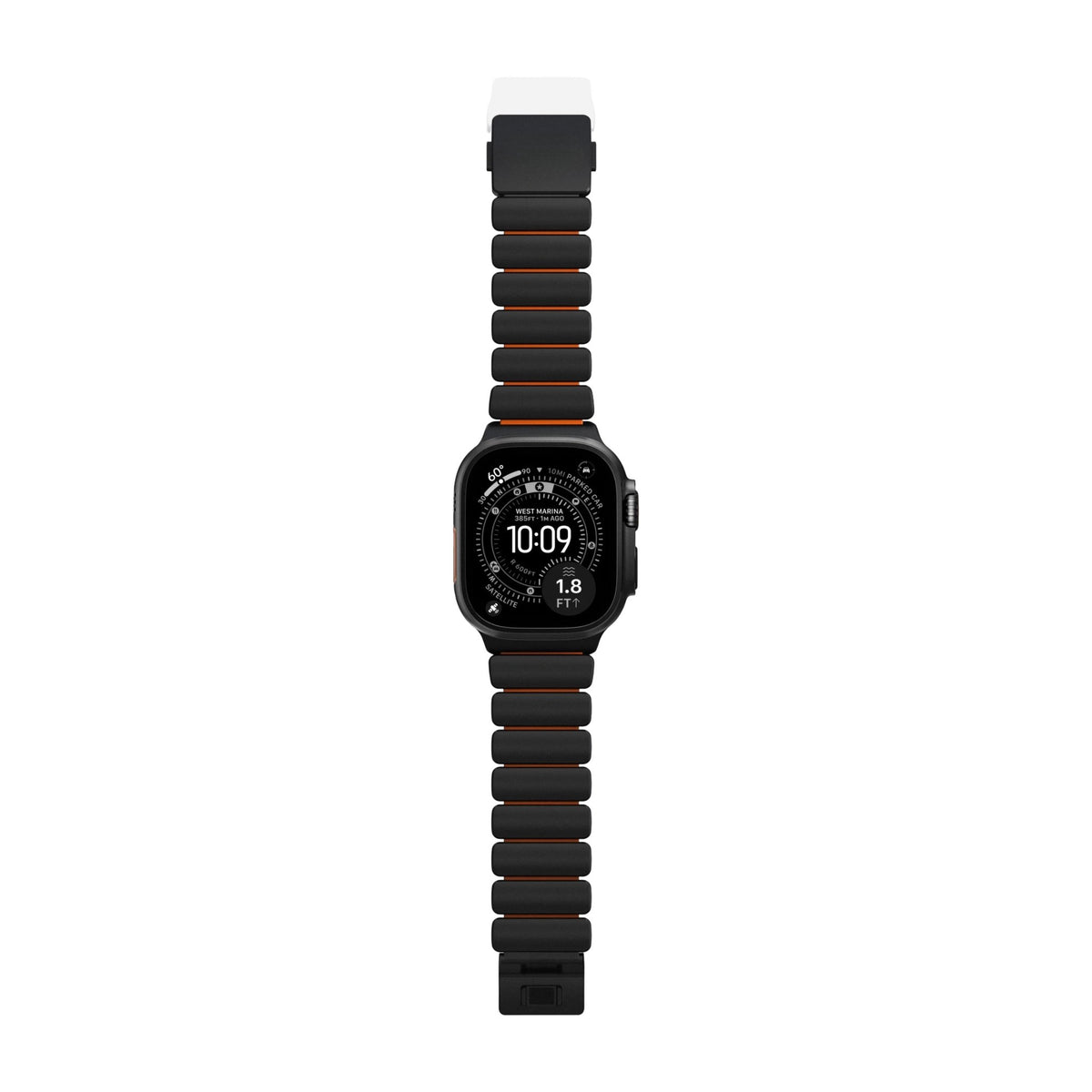 Bracelet Apple Watch Ultra noir en titane Grade 4 avec segments flexibles en FKM, design robuste et moderne.