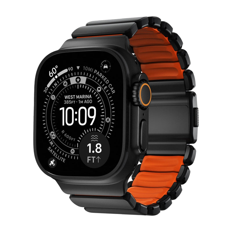 Bracelet Apple Watch Ultra en titane noir mat avec intérieur en FKM orange, design souple et robuste.