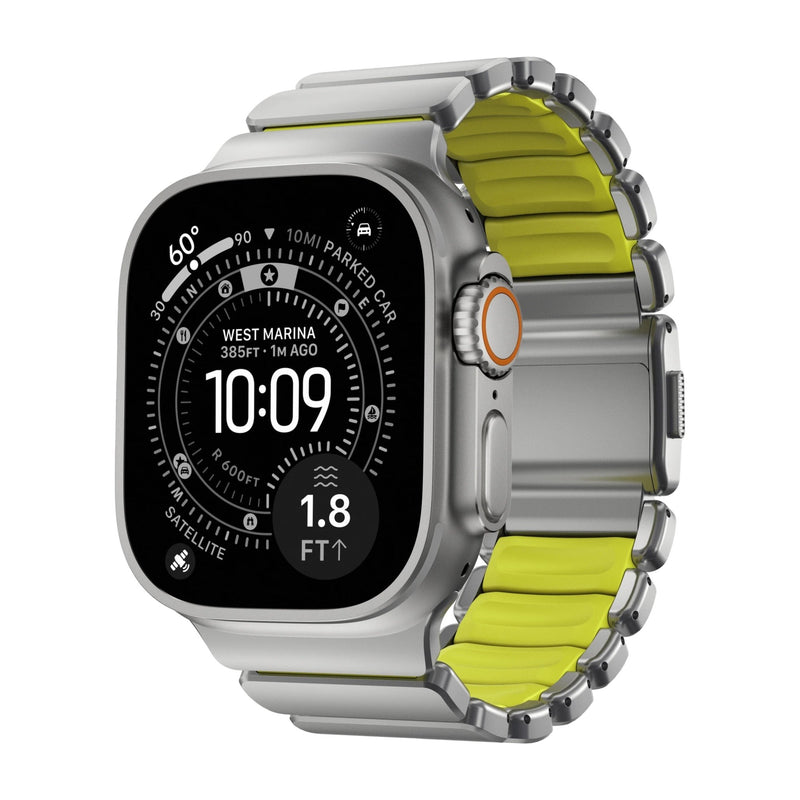 Bracelet Apple Watch en titane argenté Grade 4 avec intérieur souple vert citron, design robuste et premium.