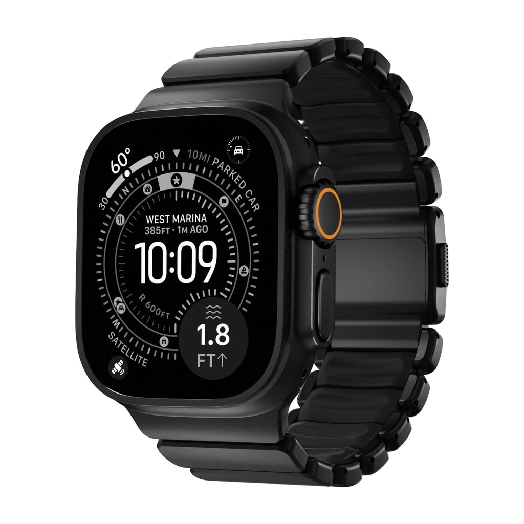 Bracelet Apple Watch Ultra noir en titane Grade 4 avec maillons solides et finition mate, boucle déployante élégante.