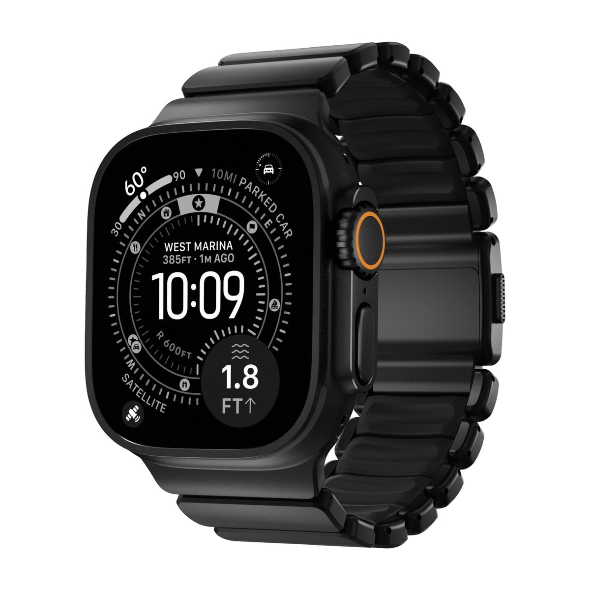 Bracelet Apple Watch Ultra noir en titane Grade 4 avec maillons solides et finition mate, boucle déployante élégante.