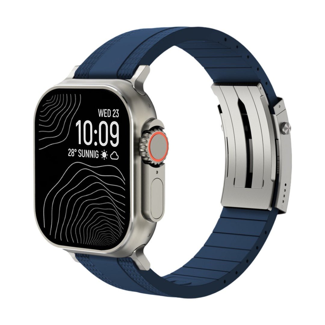 Armbånd til Apple Watch, slidstærkt, tekstureret fluor-gummi, sikker foldelås, moderne og robust stil, model Tékil