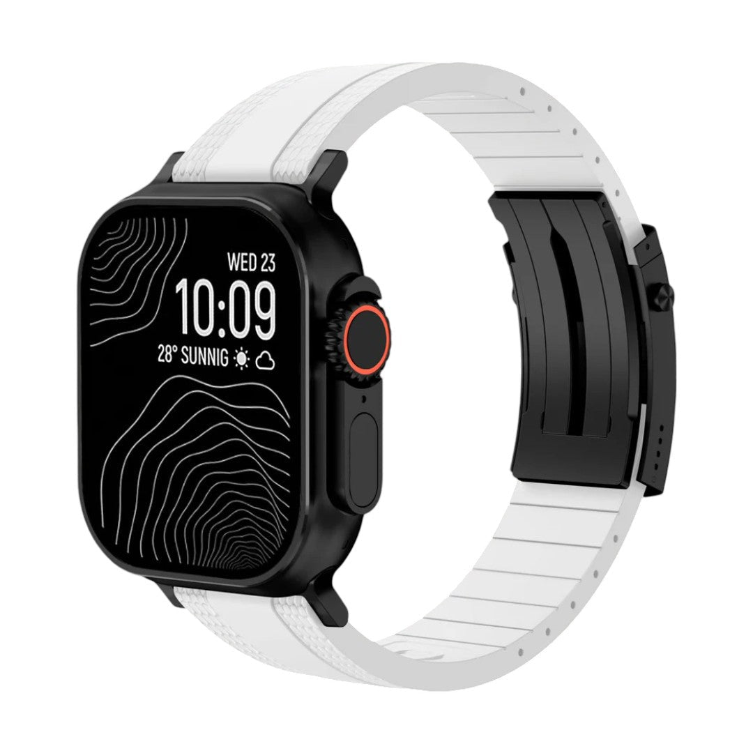 Armbånd til Apple Watch, slidstærkt, tekstureret fluor-gummi, sikker foldelås, moderne og robust stil, model Tékil