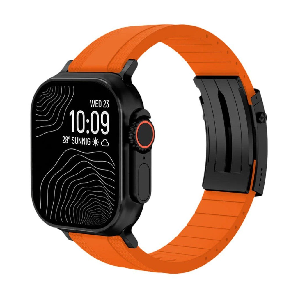 Armbånd til Apple Watch, slidstærkt, tekstureret fluor-gummi, sikker foldelås, moderne og robust stil, model Tékil