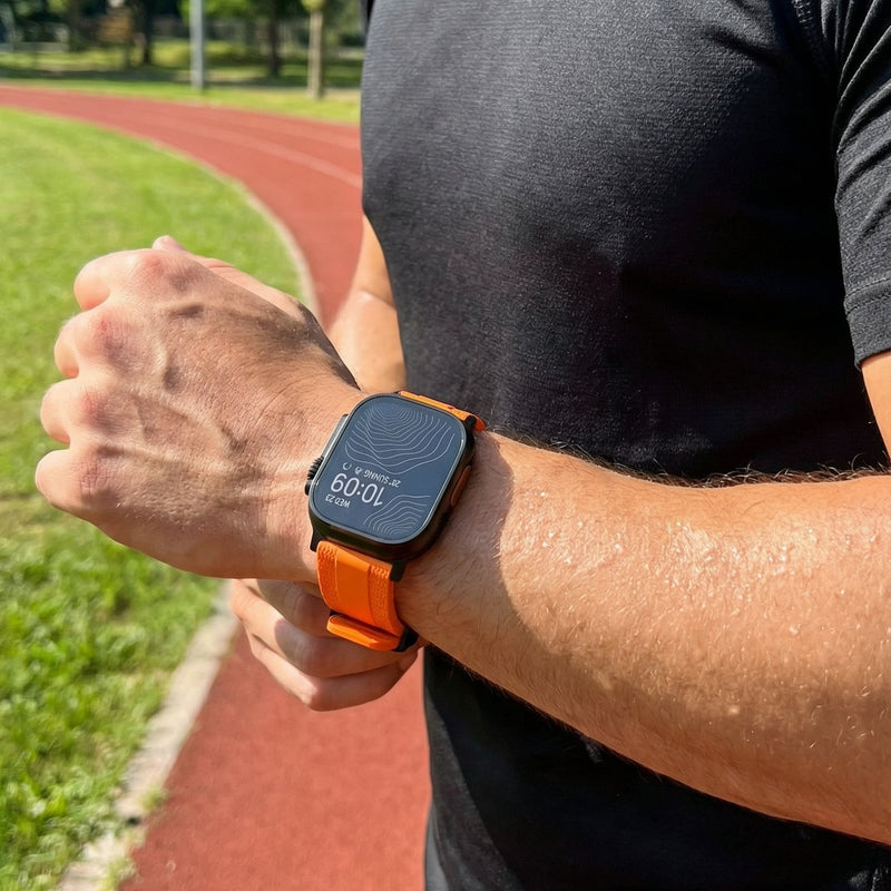 Armbånd til Apple Watch, slidstærkt, tekstureret fluor-gummi, sikker foldelås, moderne og robust stil, model Tékil