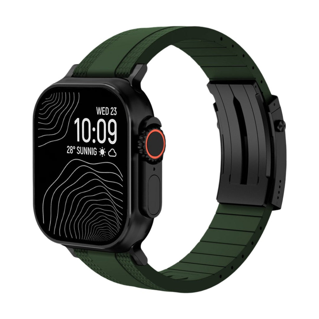 Armbånd til Apple Watch, slidstærkt, tekstureret fluor-gummi, sikker foldelås, moderne og robust stil, model Tékil