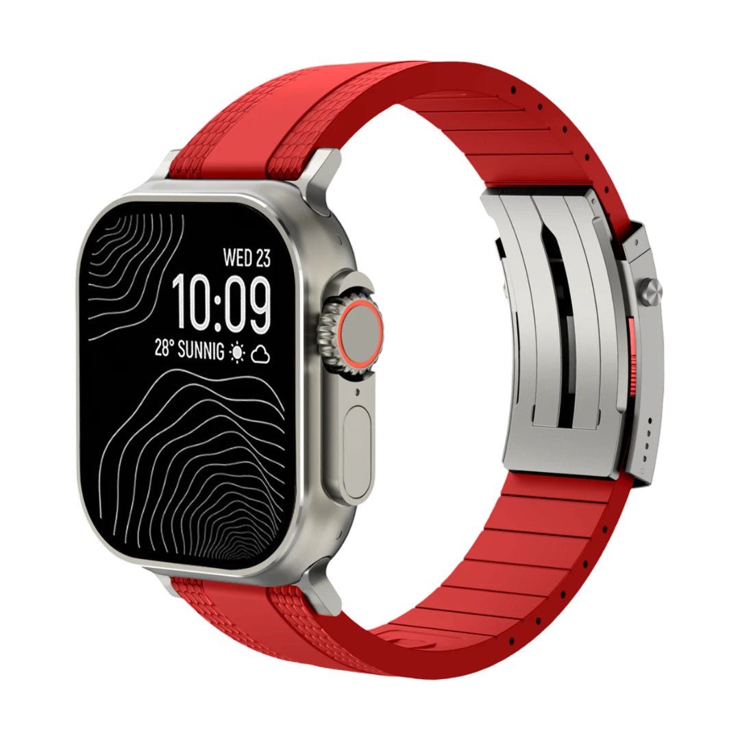 Armbånd til Apple Watch, slidstærkt, tekstureret fluor-gummi, sikker foldelås, moderne og robust stil, model Tékil