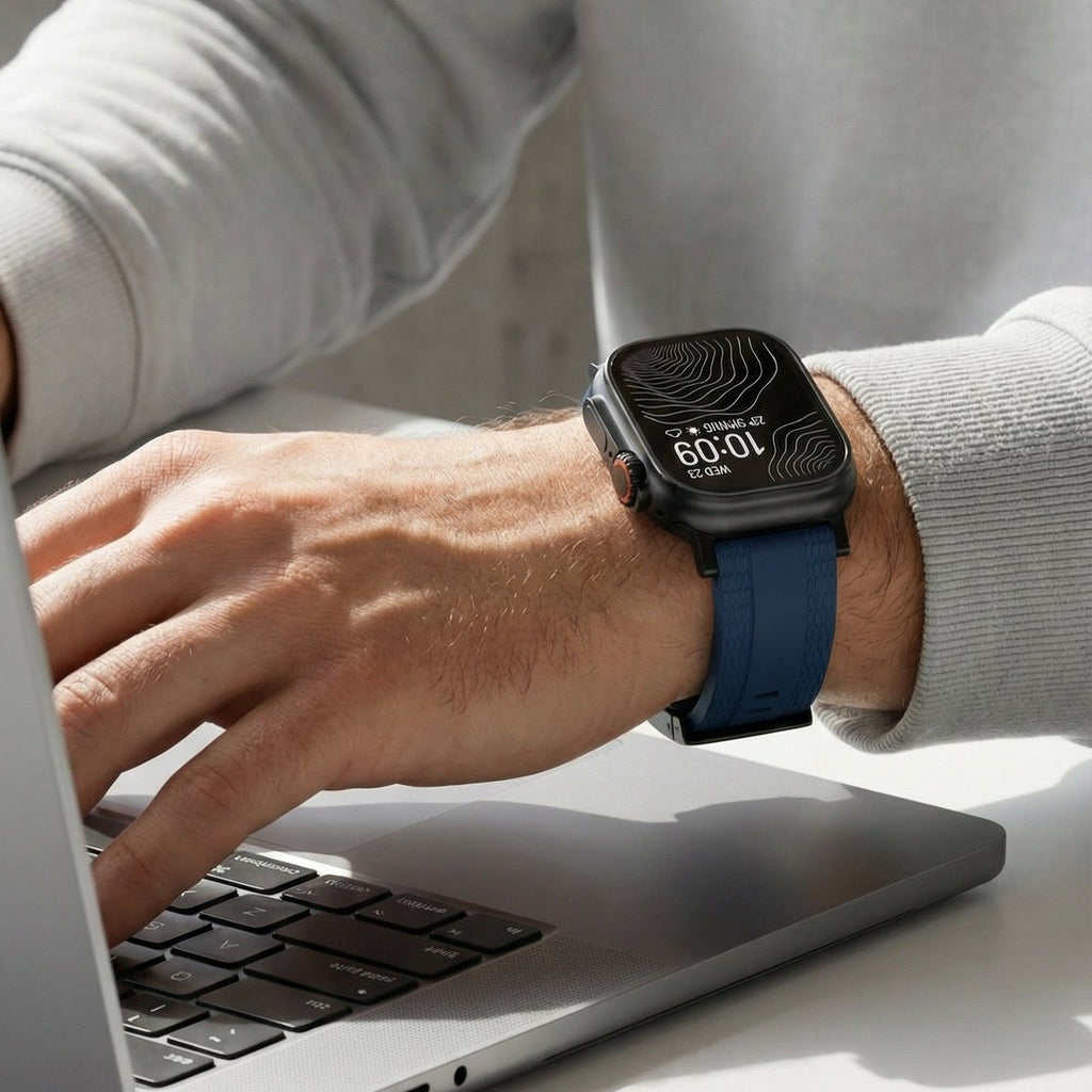 Armbånd til Apple Watch, slidstærkt, tekstureret fluor-gummi, sikker foldelås, moderne og robust stil, model Tékil