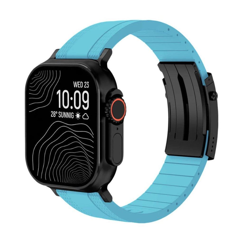 Armbånd til Apple Watch, slidstærkt, tekstureret fluor-gummi, sikker foldelås, moderne og robust stil, model Tékil