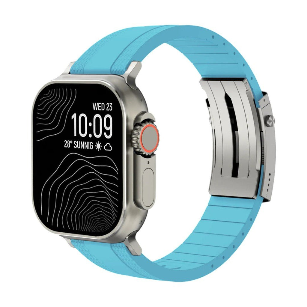 Armbånd til Apple Watch, slidstærkt, tekstureret fluor-gummi, sikker foldelås, moderne og robust stil, model Tékil