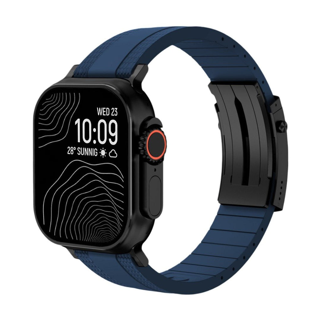 Armbånd til Apple Watch, slidstærkt, tekstureret fluor-gummi, sikker foldelås, moderne og robust stil, model Tékil