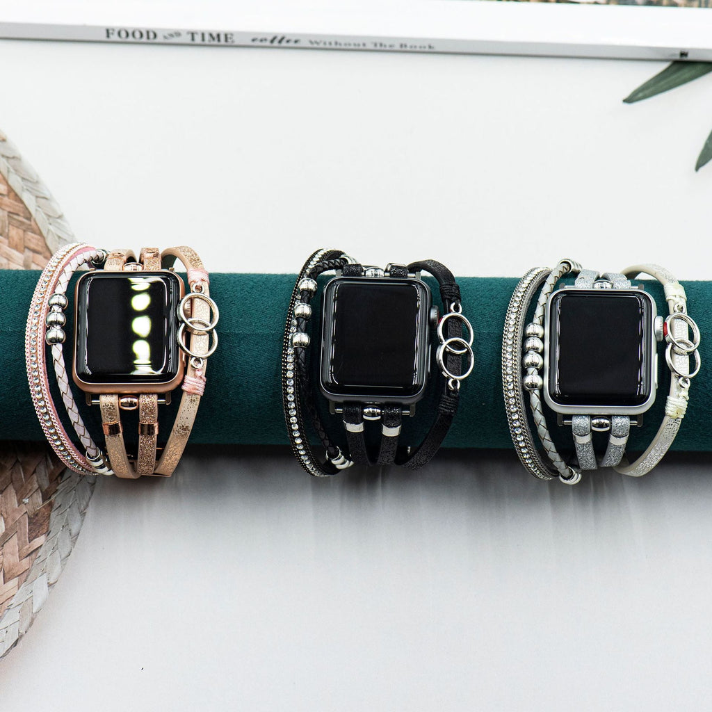 Bracelet Apple Watch multi-rangs en simili cuir avec strass et anneaux entrelacés, fermoir ajustable, couleurs rose, noir et