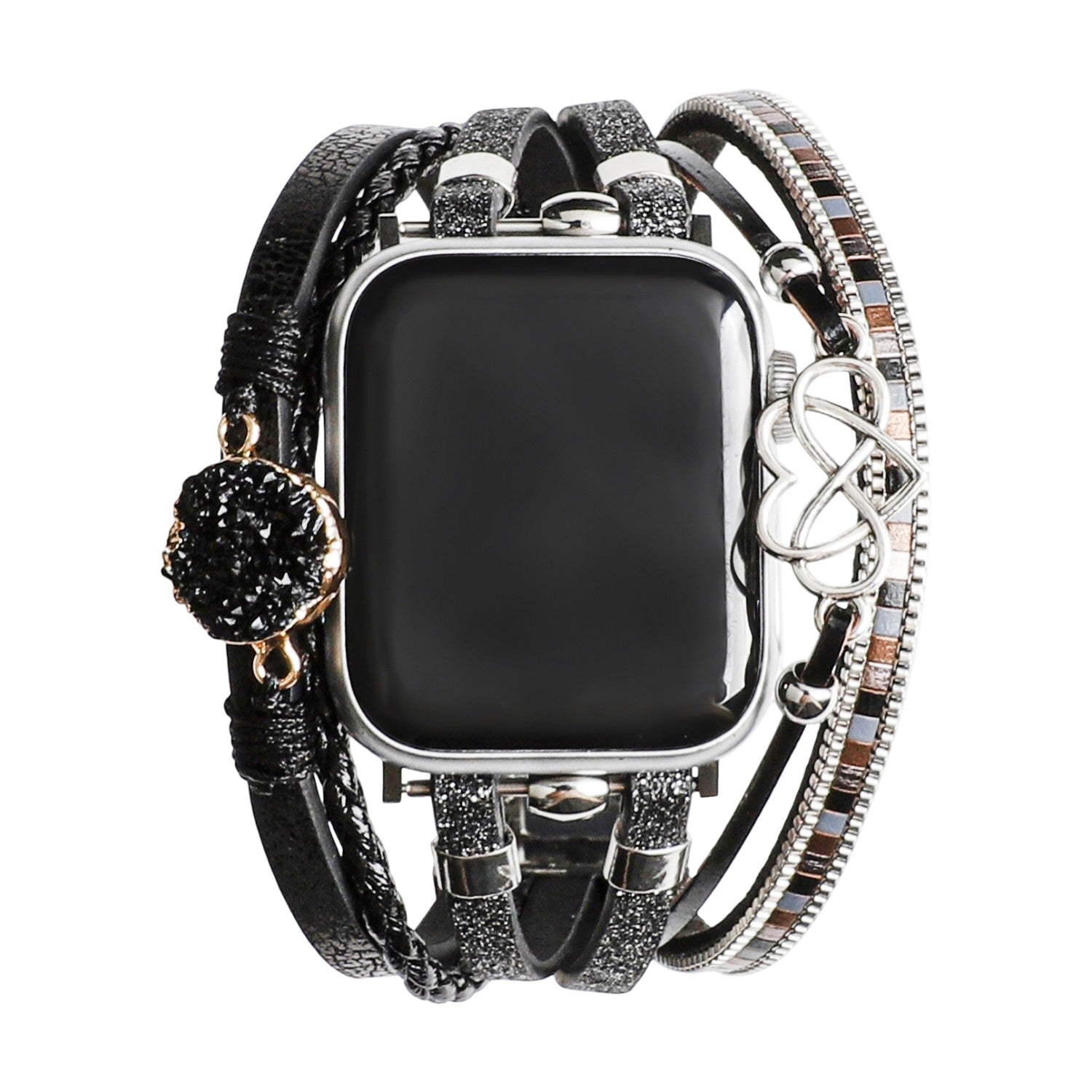Bracelet Apple Watch simili vegan multi rangs femme, bracelet Apple Watch élégant avec pierre naturelle et breloque cœur-infini, modèle Felicidad