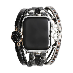 Bracelet Apple Watch simili vegan multi rangs femme, bracelet Apple Watch élégant avec pierre naturelle et breloque cœur-infini, modèle Felicidad