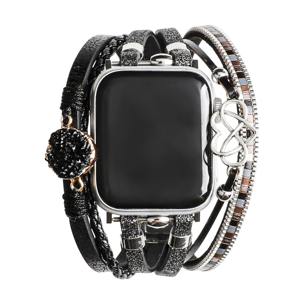 Bracelet Apple Watch simili vegan multi rangs femme, bracelet Apple Watch élégant avec pierre naturelle et breloque cœur-infini, modèle Felicidad