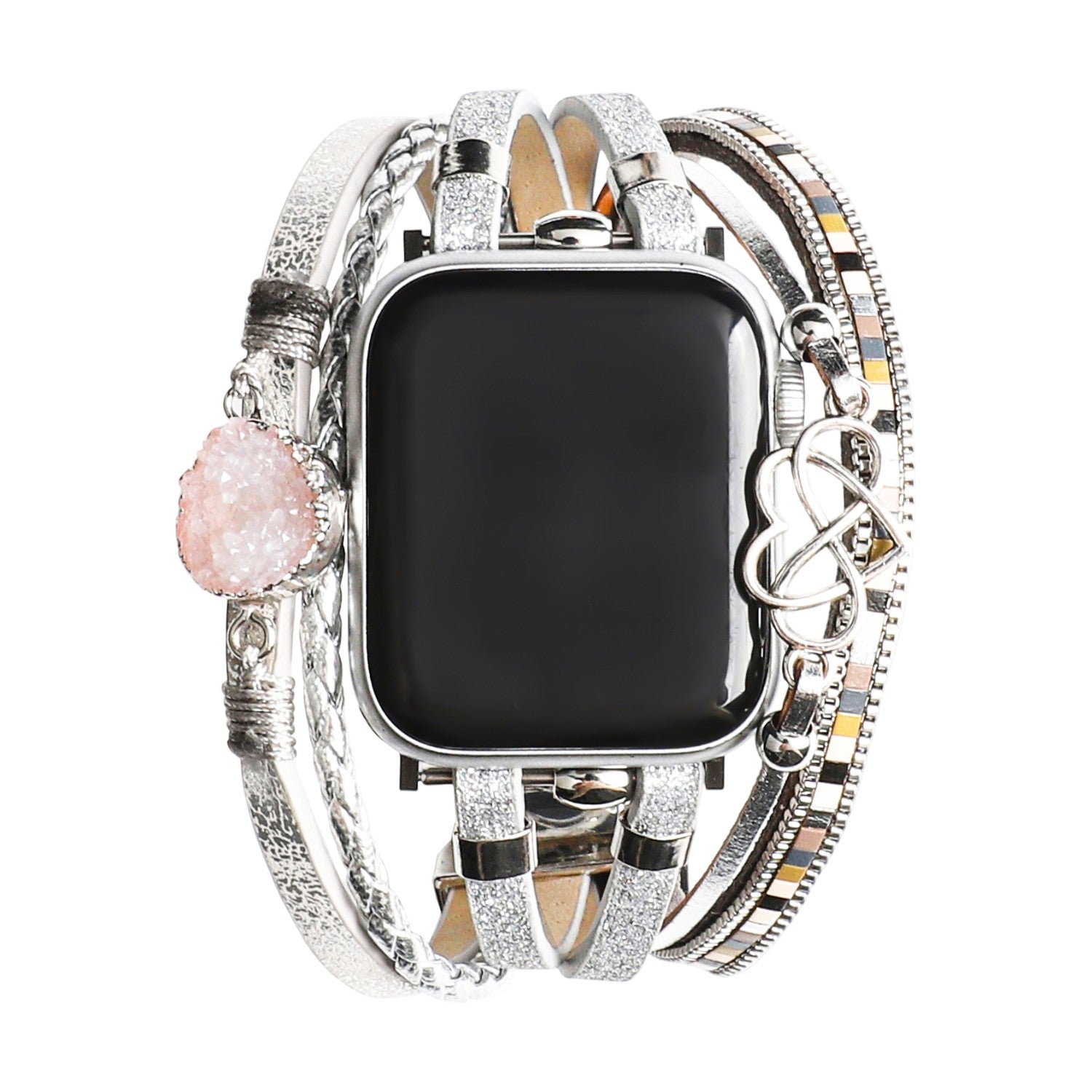 Bracelet Apple Watch simili vegan multi rangs femme, bracelet Apple Watch élégant avec pierre naturelle et breloque cœur-infini, modèle Felicidad