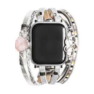 Bracelet Apple Watch simili vegan multi rangs femme, bracelet Apple Watch élégant avec pierre naturelle et breloque cœur-infini, modèle Felicidad