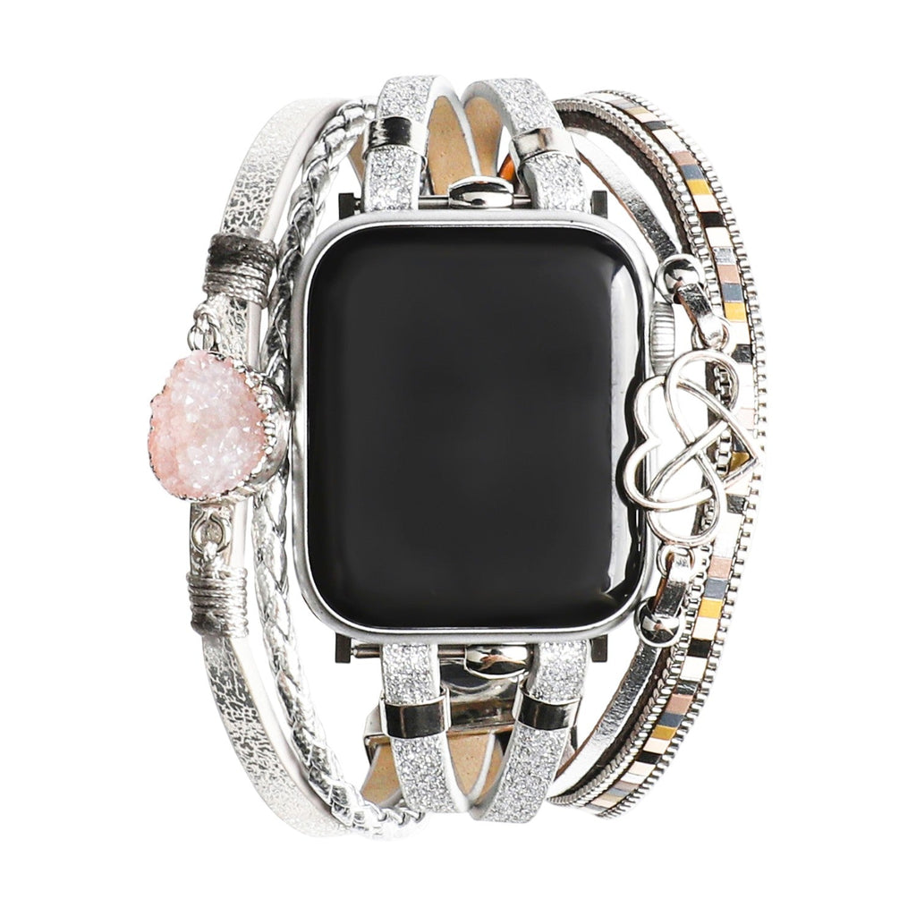 Bracelet Apple Watch simili vegan multi rangs femme, bracelet Apple Watch élégant avec pierre naturelle et breloque cœur-infini, modèle Felicidad