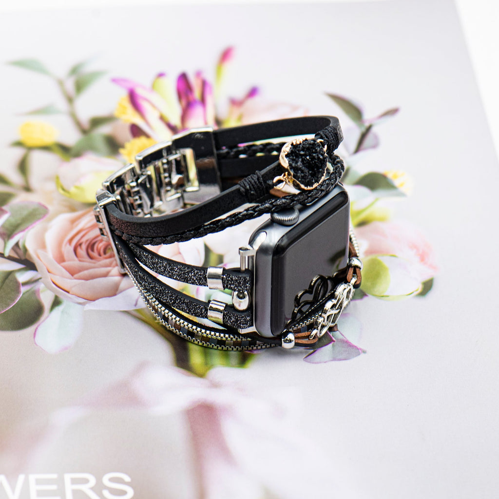 Bracelet Apple Watch simili vegan multi rangs femme, bracelet Apple Watch élégant avec pierre naturelle et breloque cœur-infini, modèle Felicidad