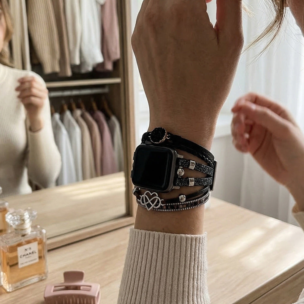 Bracelet Apple Watch simili vegan multi rangs femme, bracelet Apple Watch élégant avec pierre naturelle et breloque cœur-infini, modèle Felicidad