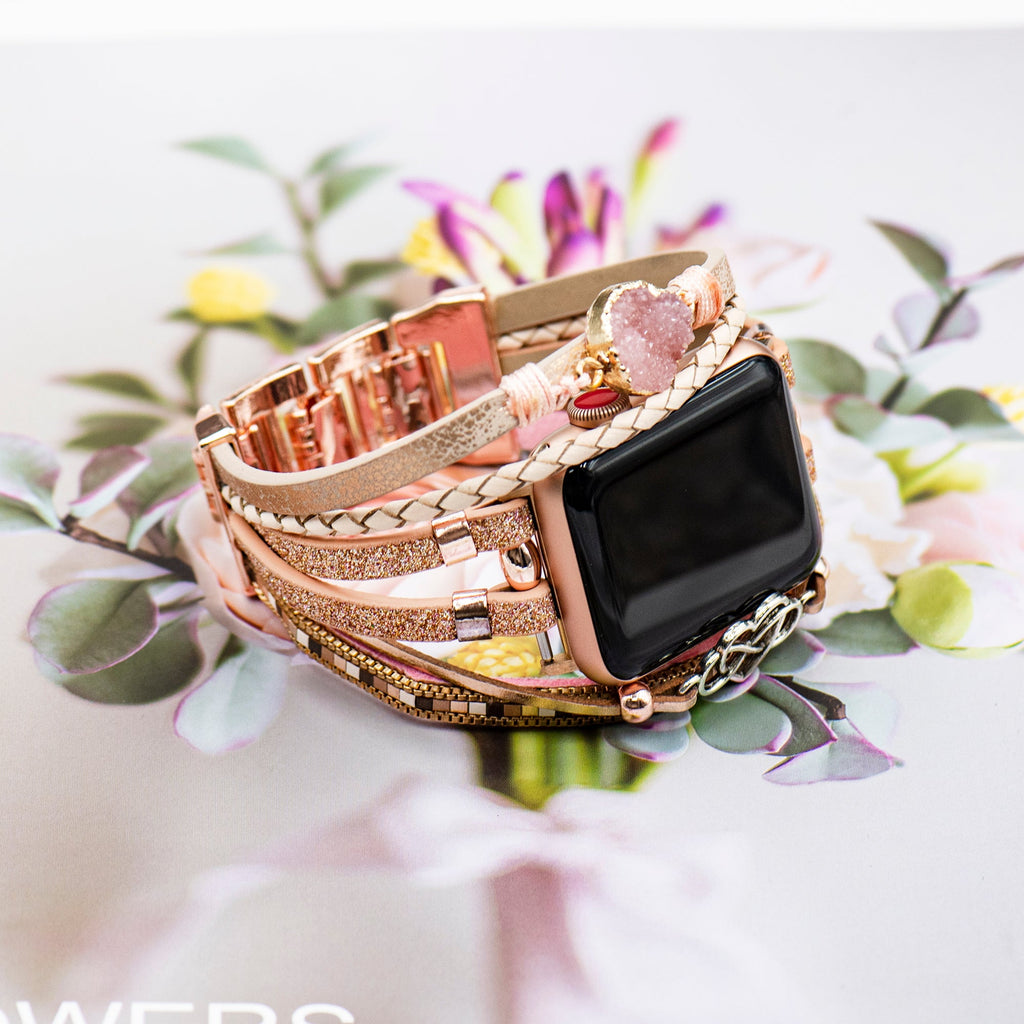 Bracelet Apple Watch simili vegan multi rangs femme, bracelet Apple Watch élégant avec pierre naturelle et breloque cœur-infini, modèle Felicidad