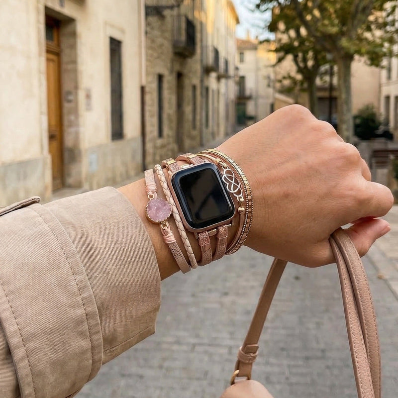 Bracelet Apple Watch simili vegan multi rangs femme, bracelet Apple Watch élégant avec pierre naturelle et breloque cœur-infini, modèle Felicidad